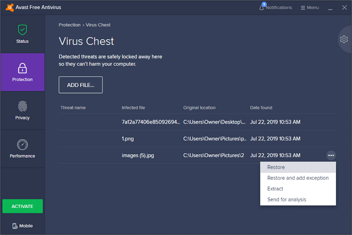 Restaurez votre fichier pour récupérer les fichiers supprimés par Avast Antivirus