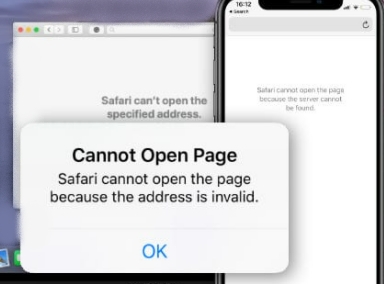 Capture d'écran de l'erreur Safari ne peut pas ouvrir la page car l'adresse est invalide
