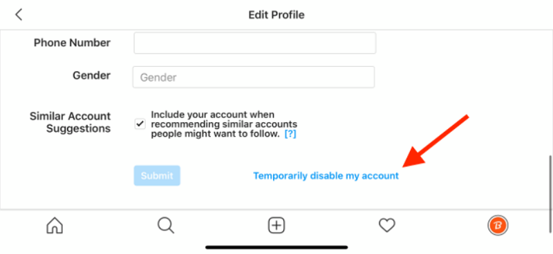 Appuyez sur Désactiver temporairement mon compte sur Instagram