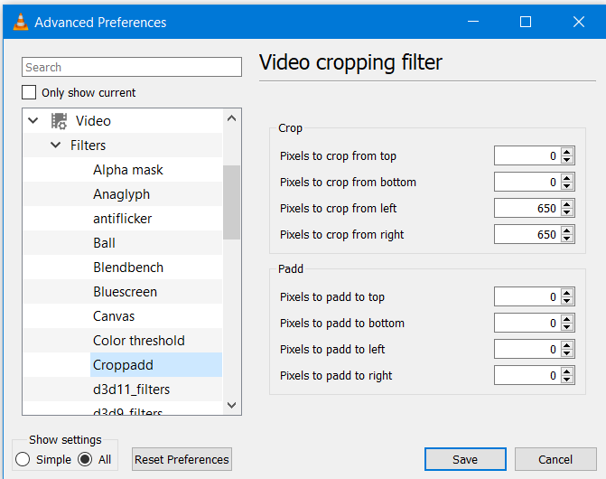 Sélectionnez Cropadd pour recadrer la vidéo avec VLC