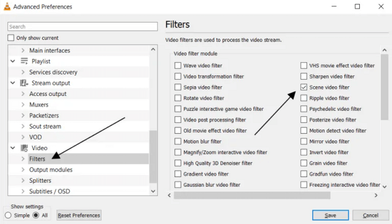 Choisissez le filtre de scène pour créer des captures d'images vidéo dans VLC Media Player