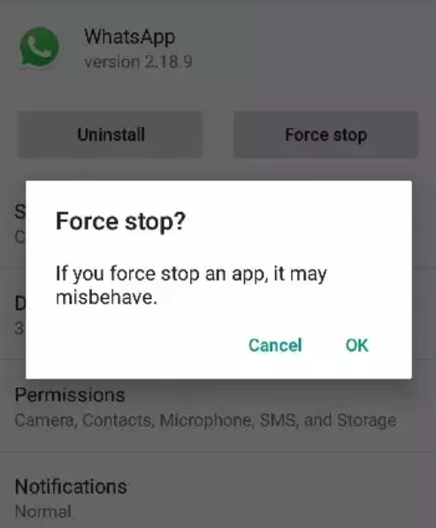 Forcer l'arrêt de WhatsApp pendant le processus