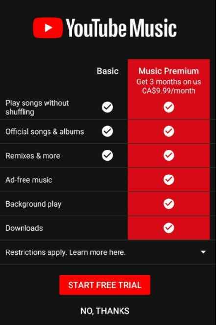 Vérification des avantages de Youtube Music Premium