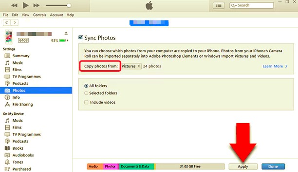 Transférer des photos de l'iPhone vers le disque dur à l'aide d'iTunes