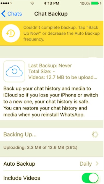 Échec de la sauvegarde WhatsApp car iCloud n'a pas pu terminer la sauvegarde