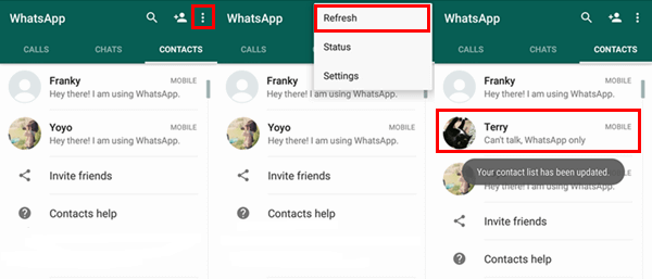 Ajouter des contacts Whatsapp Actualiser les contacts