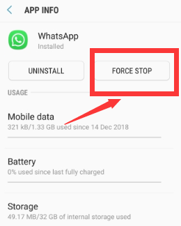 Forcer l'application à s'arrêter pour réparer la sauvegarde WhatsApp bloquée sur Android