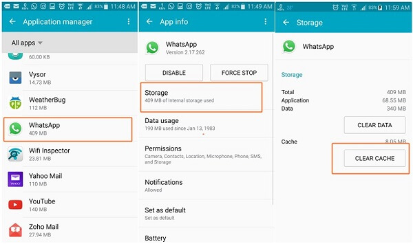 Méthodes pour réparer « Les vidéos WhatsApp ne s'affichent pas dans la galerie » - Effacer le cache WhatsApp